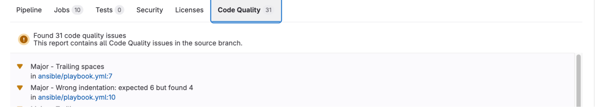 The project integrates Ansible Linter with GitLab code quality
